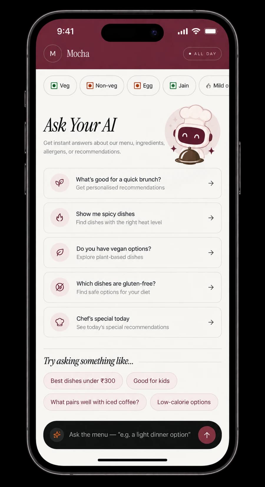 The Ask the menu AI chat screen with suggested questions like "Show me spicy dishes"