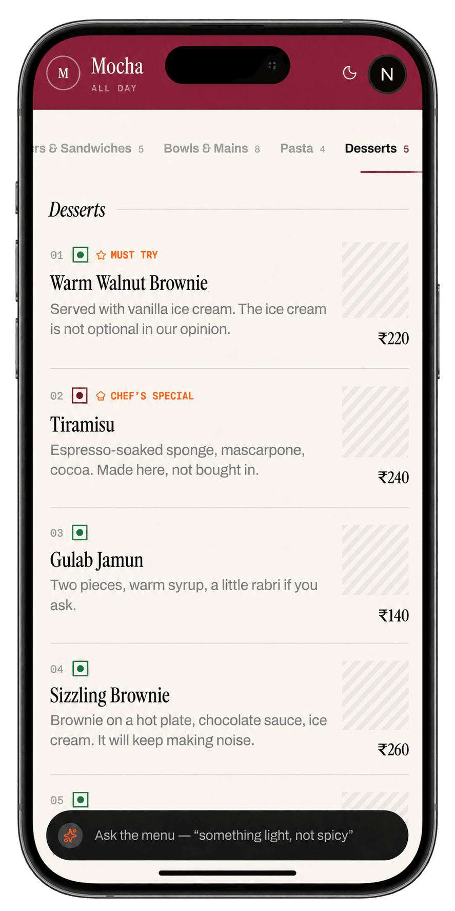 The TasteGraph diner menu on a phone, showing the Desserts category with Must Try and Chef's Special picks